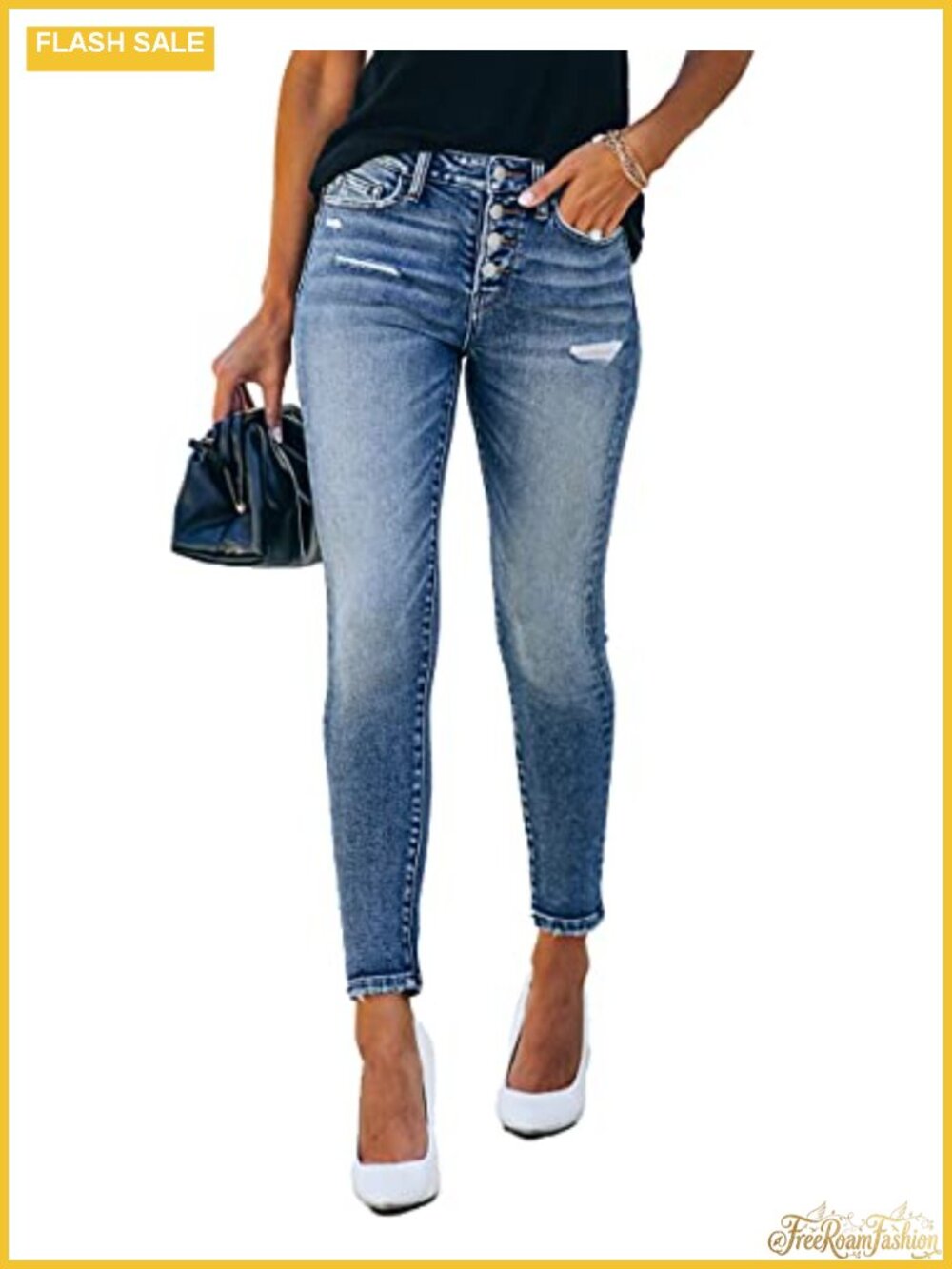 High Rise Skinny Stretch Button Ripped Jeans Destroyed Denim Pants